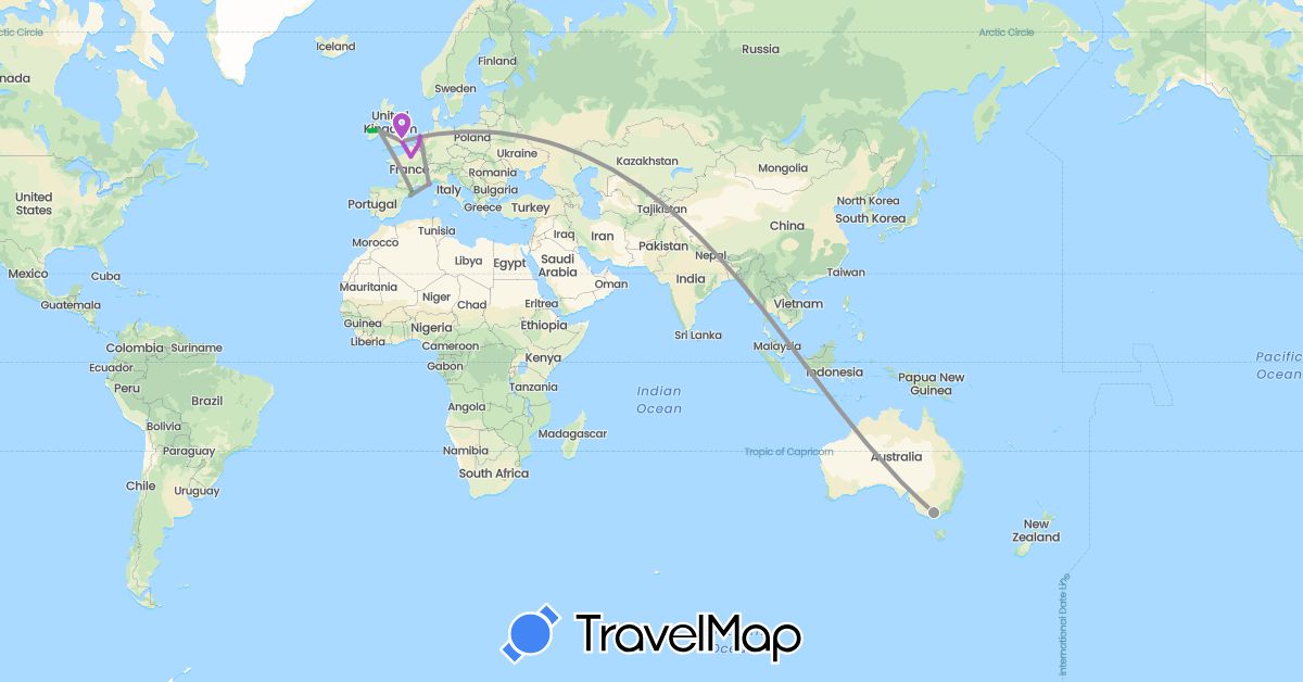 TravelMap itinerary: driving, bus, plane, train in Australia, Belgium, Spain, France, United Kingdom, Ireland, Monaco, Netherlands (Europe, Oceania)